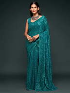 Teal Blue Sequined Georgette Party Wear Saree