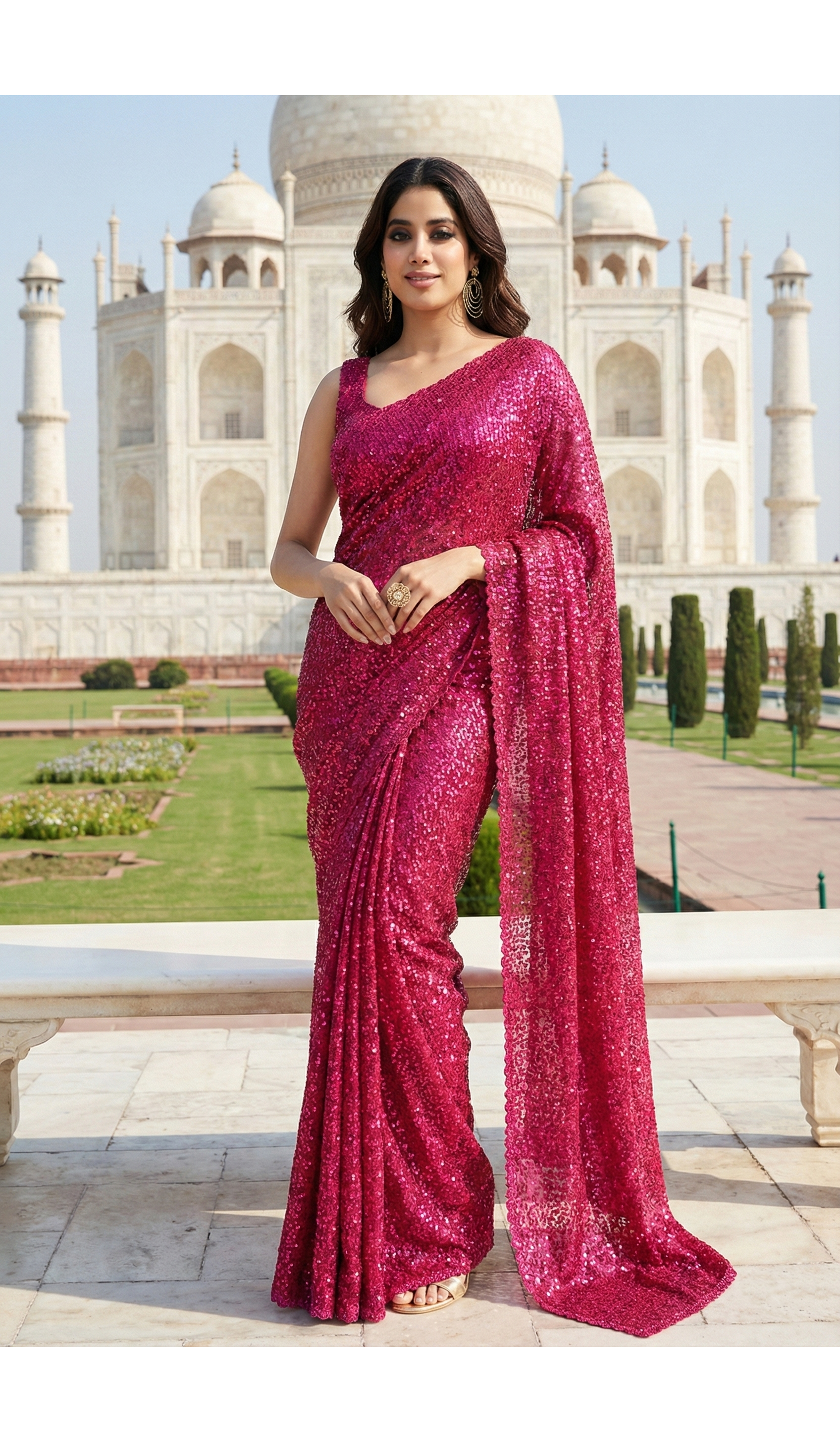 Hot Pink Sequence Work Georgette Indian Saree