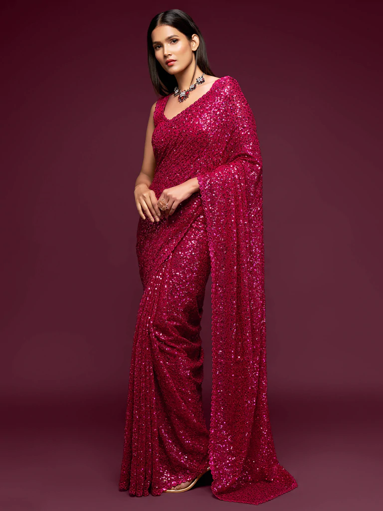 Women's Sequin Saree & Blouse Set