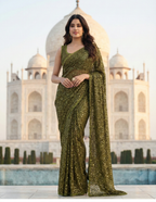Olive Green Sequence Work Georgette Party Wear Saree