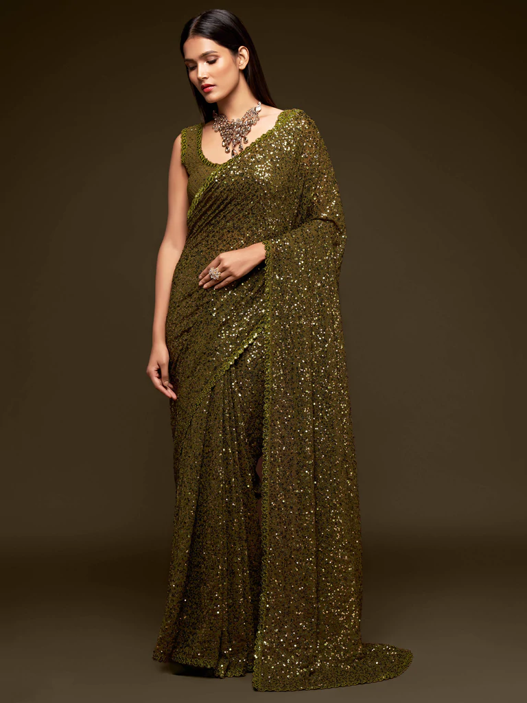 Olive Green Sequence Work Georgette Party Wear Saree