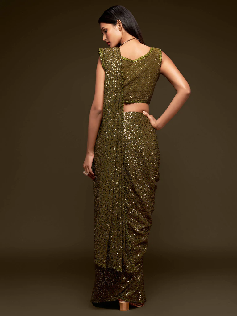 Olive Green Sequence Work Georgette Party Wear Saree