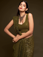 Olive Green Sequence Work Georgette Party Wear Saree