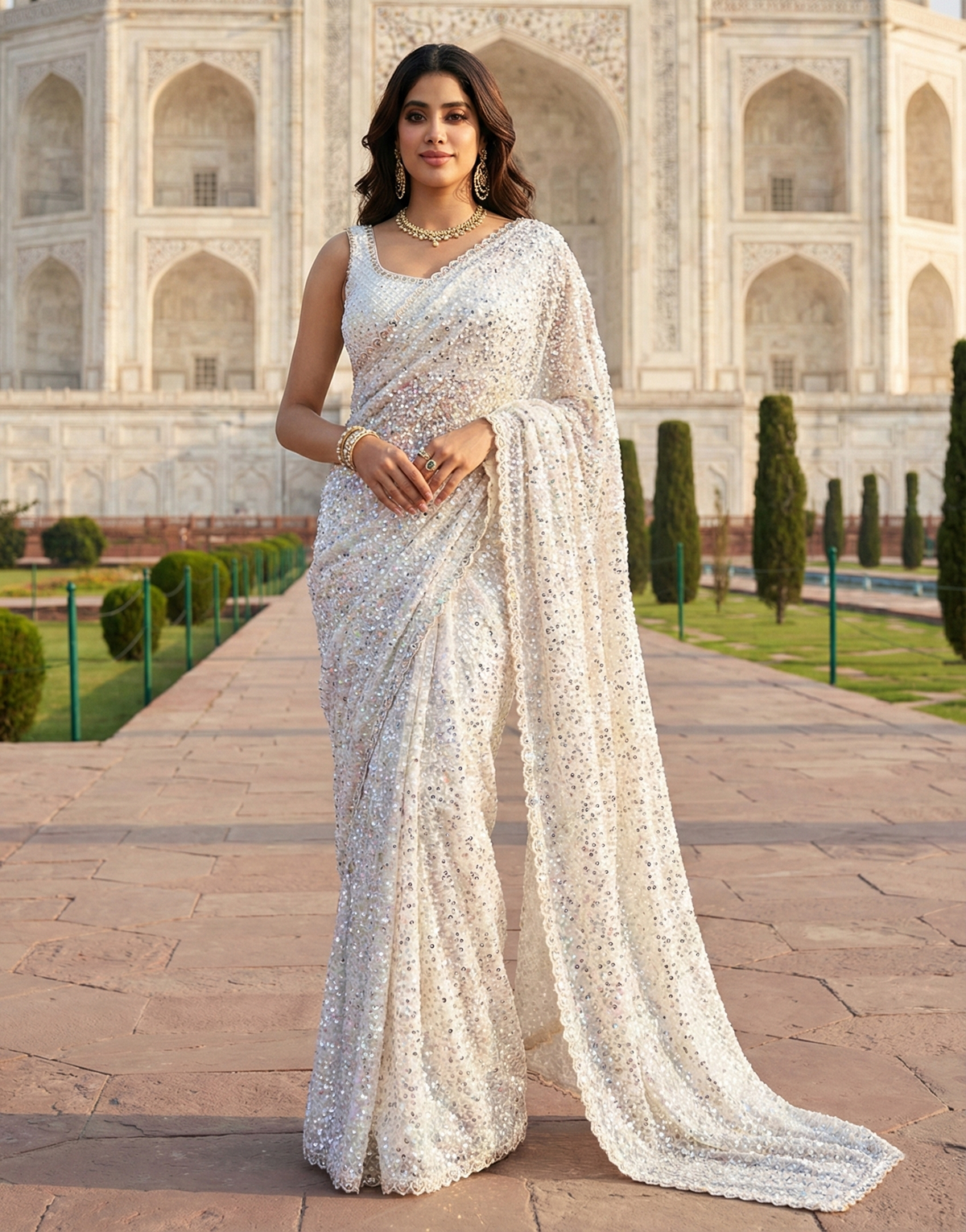 Pearl White Sequence Work Georgette Saree