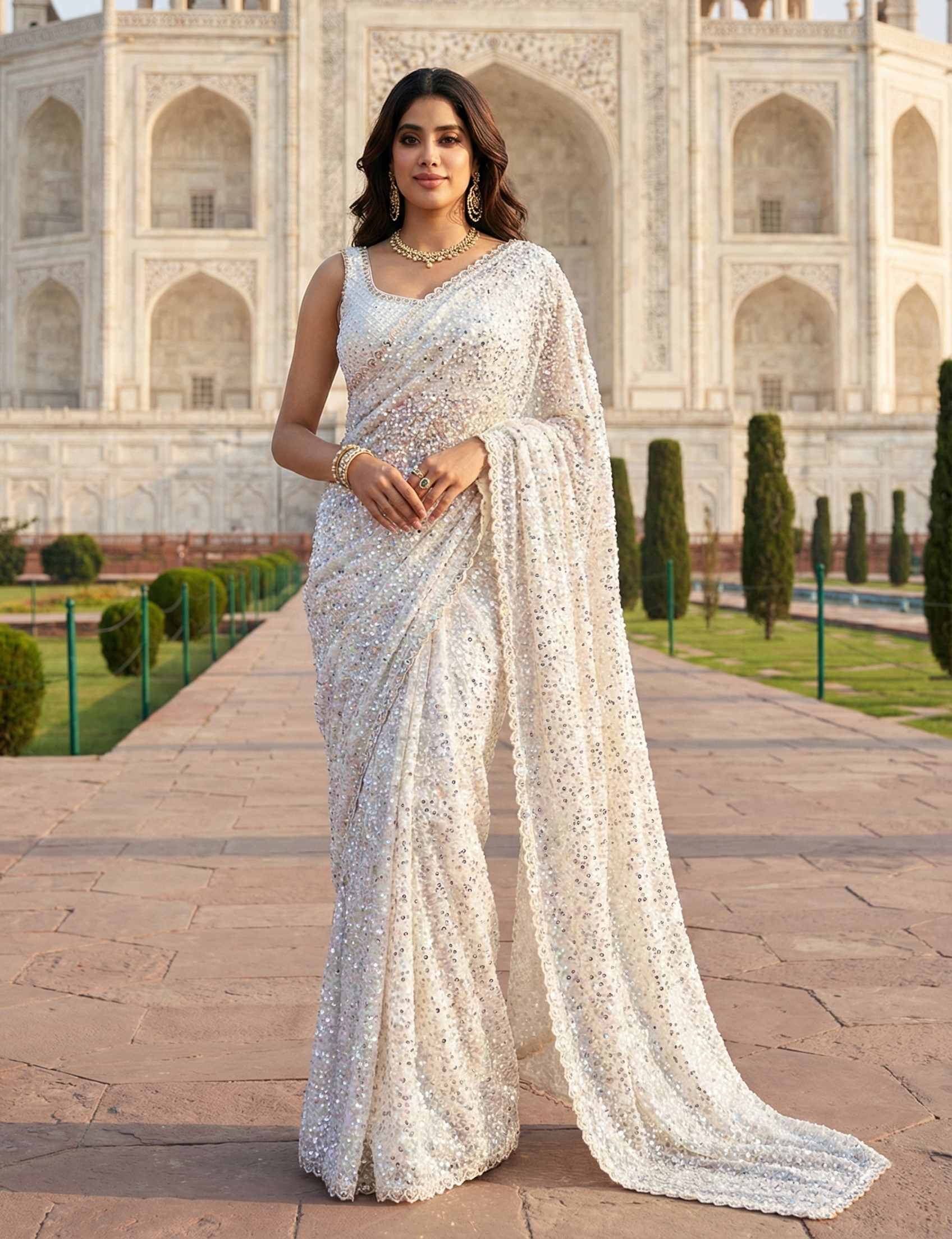 Pearl White Sequence Work Georgette Saree