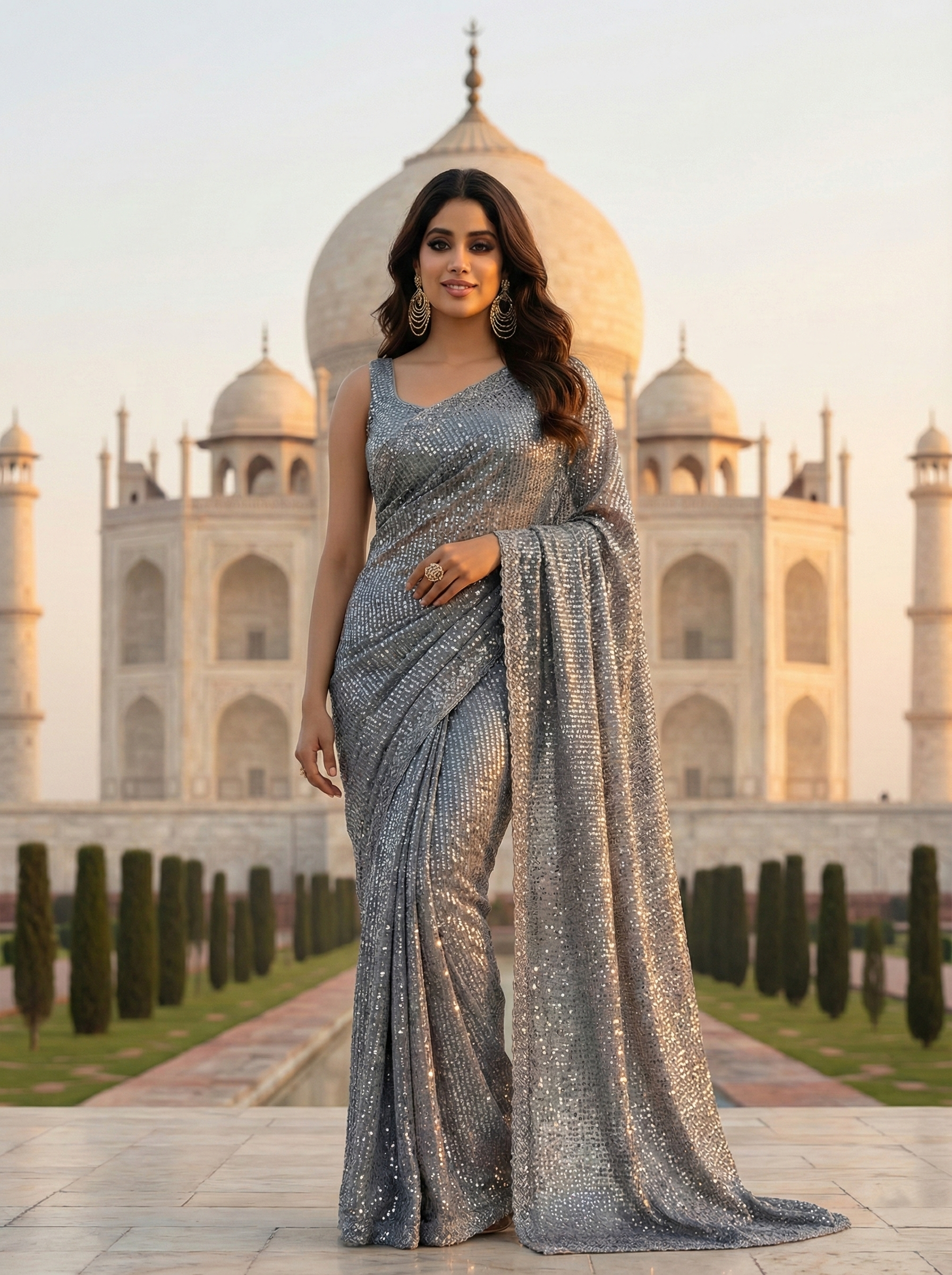 Grey Sequince Georgette Party Wear Saree