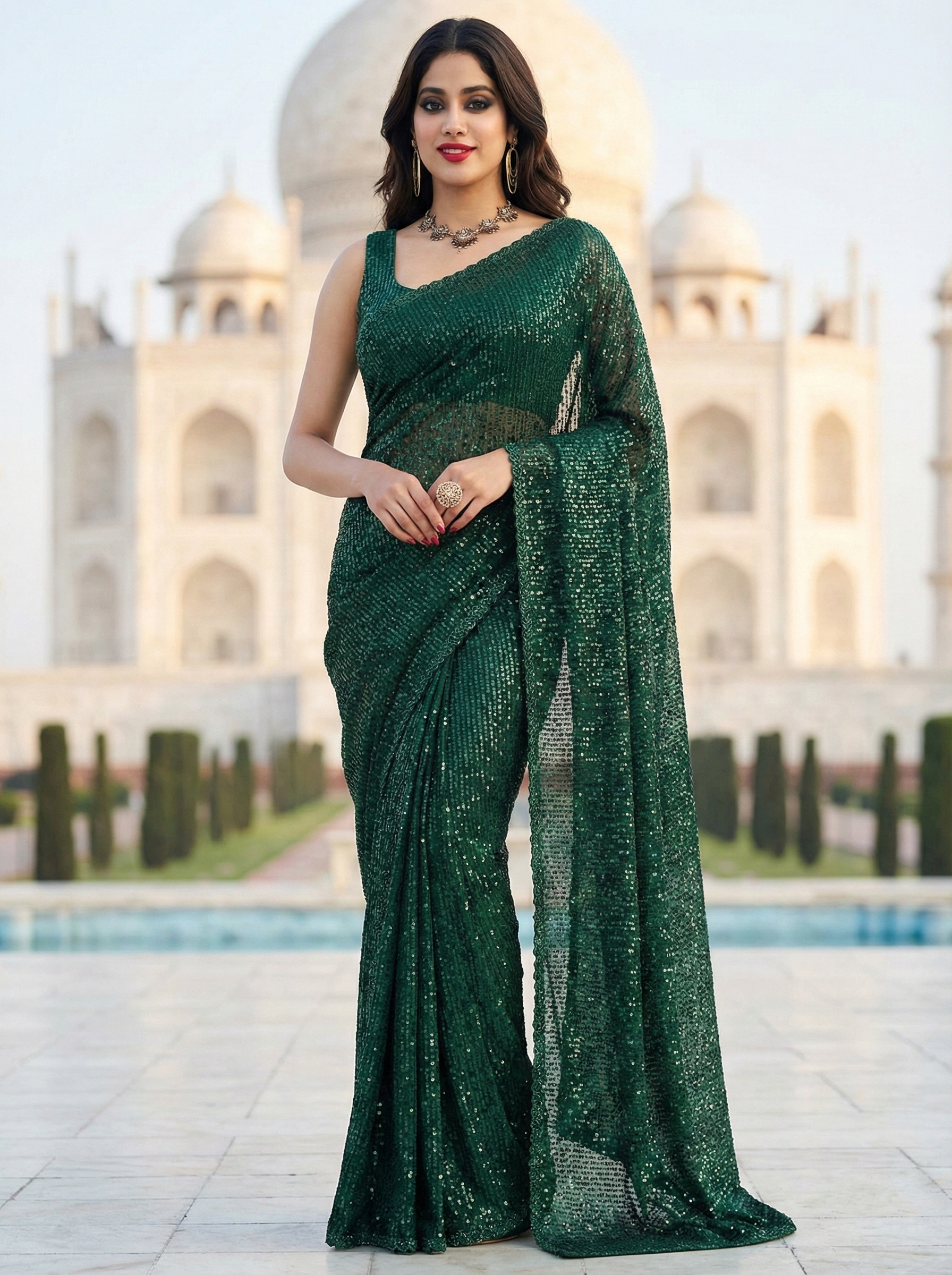 Green Sequince Work Georgette Saree With Unstitched Blouse