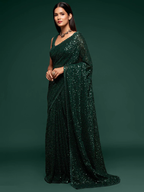 Green Sequince Work Georgette Saree With Unstitched Blouse