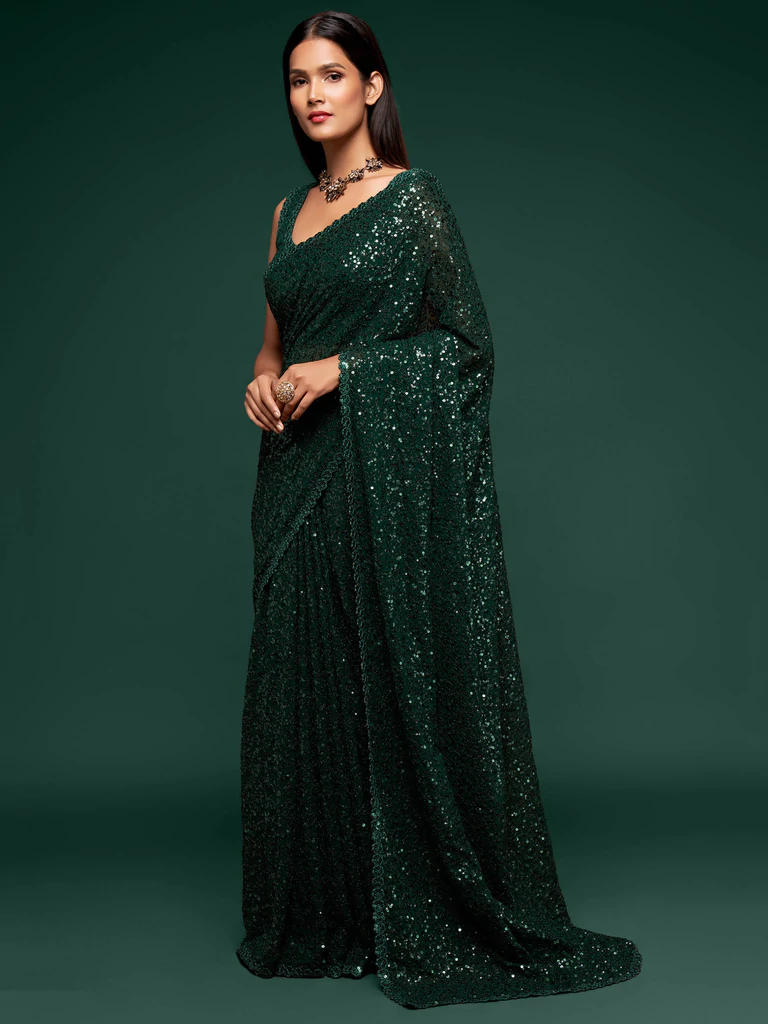 Green Sequince Work Georgette Saree With Unstitched Blouse
