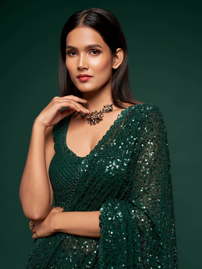 Green Sequince Work Georgette Saree With Unstitched Blouse