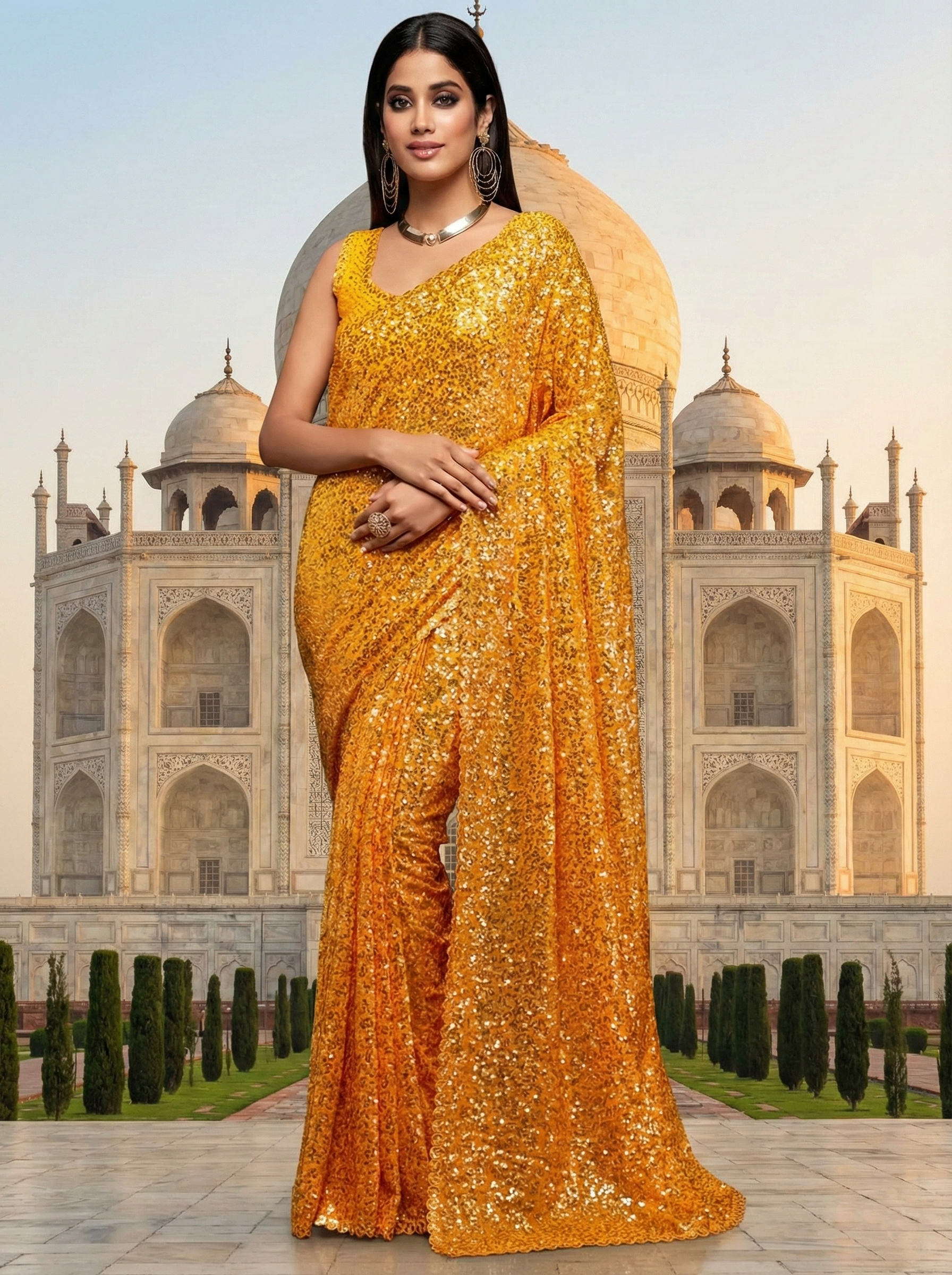 Yellow Sequince Type Georgette Party Wear Saree