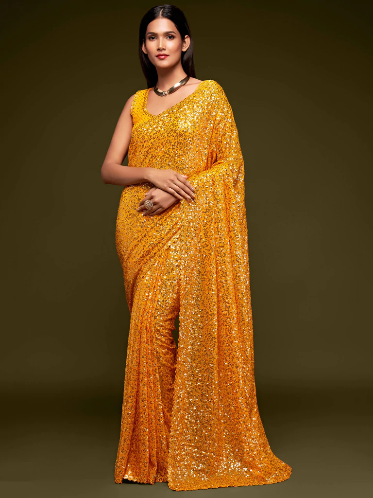 Yellow Sequince Type Georgette Party Wear Saree