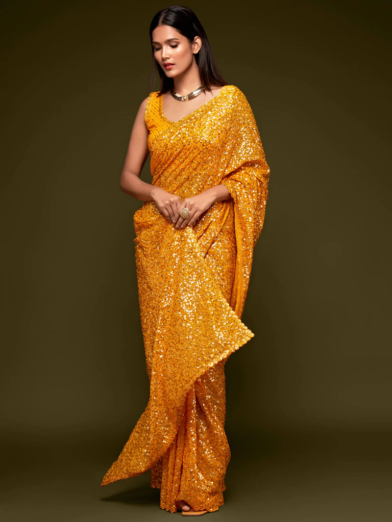Yellow Sequince Type Georgette Party Wear Saree