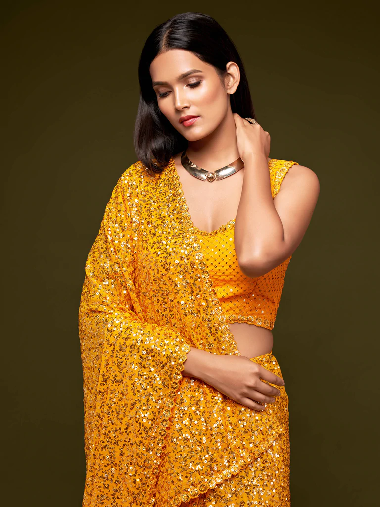 Yellow Sequince Type Georgette Party Wear Saree