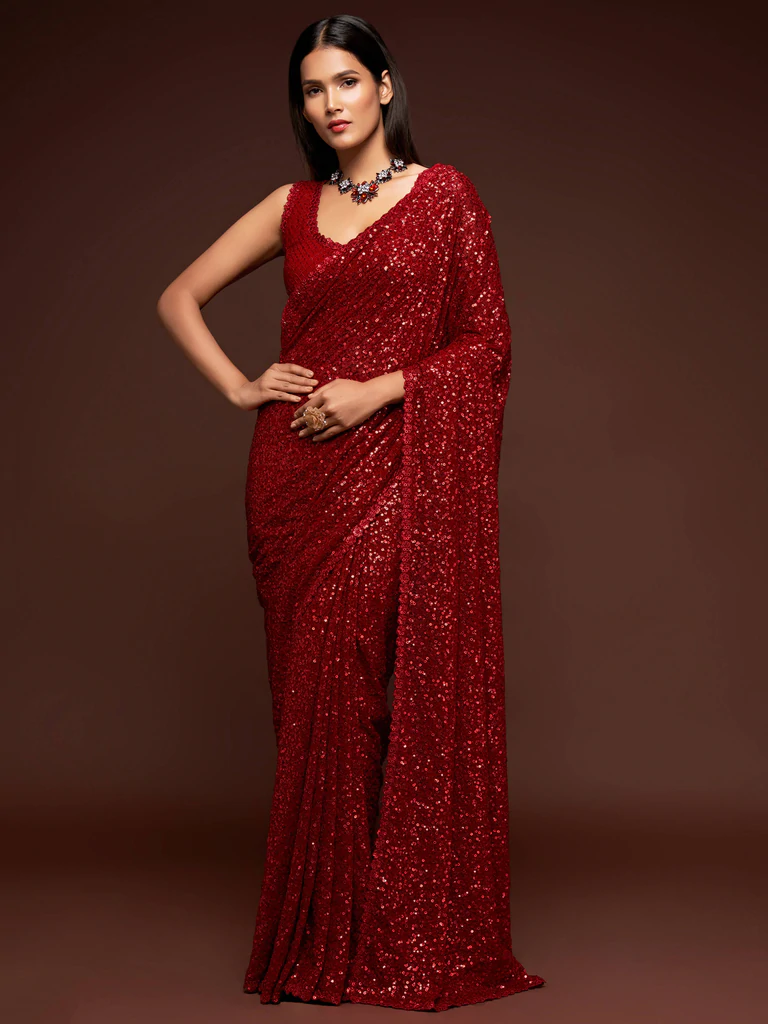 Women's Red Sequin Saree & Blouse Set