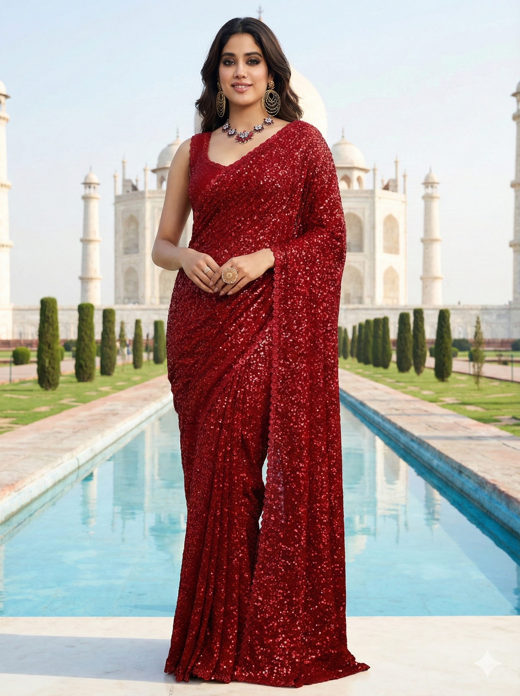Hot Red Sequence Work Georgette Traditional Saree