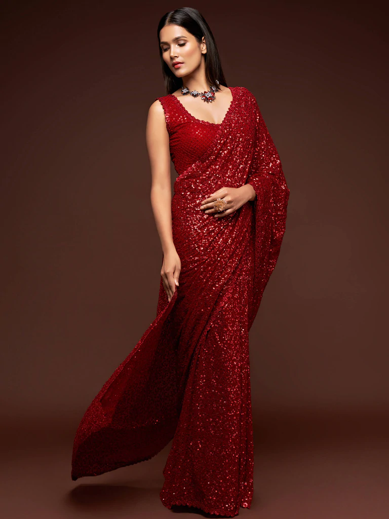Hot Red Sequence Work Georgette Traditional Saree
