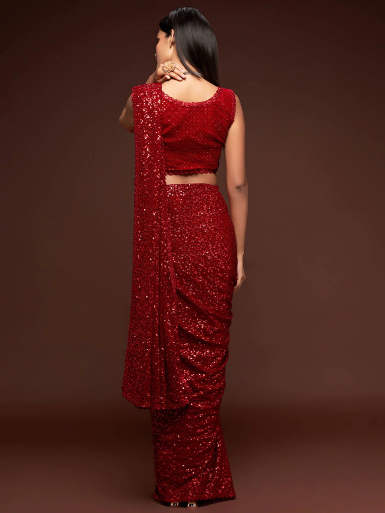 Hot Red Sequence Work Georgette Traditional Saree