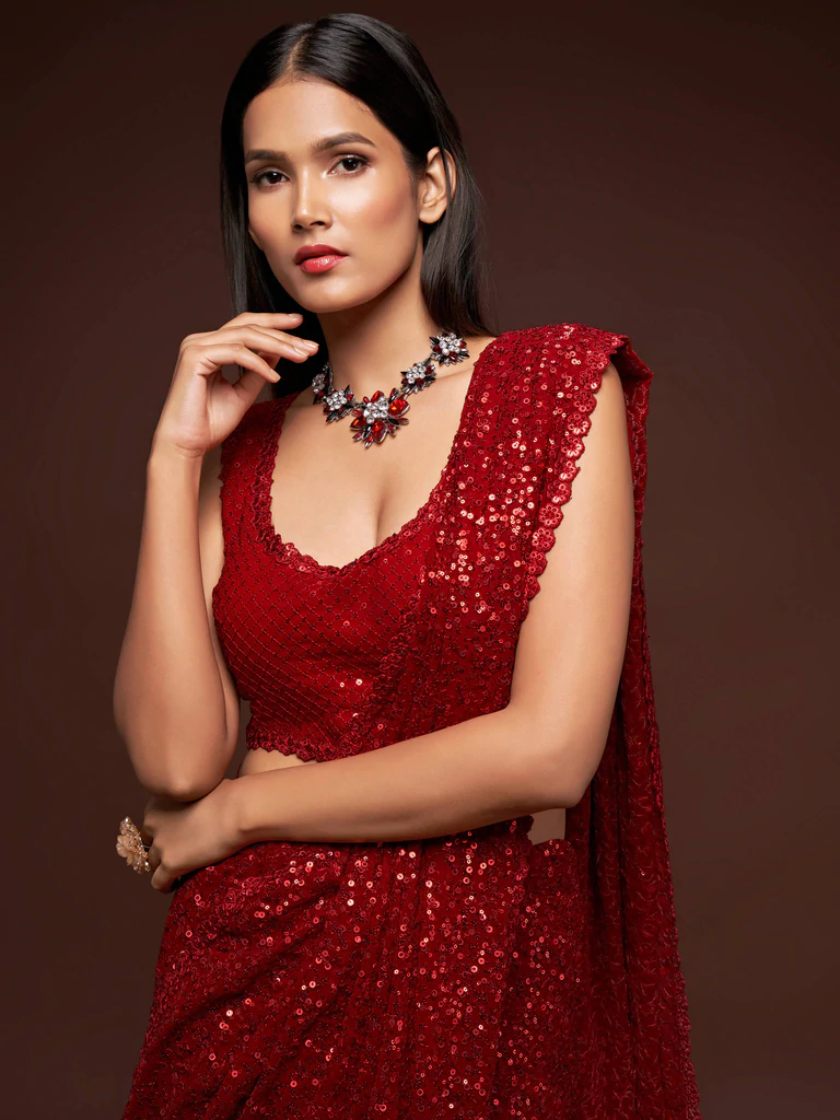 Women's Red Sequin Saree & Blouse Set