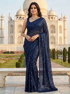Blue Sequinced Georgette Party Wear Saree