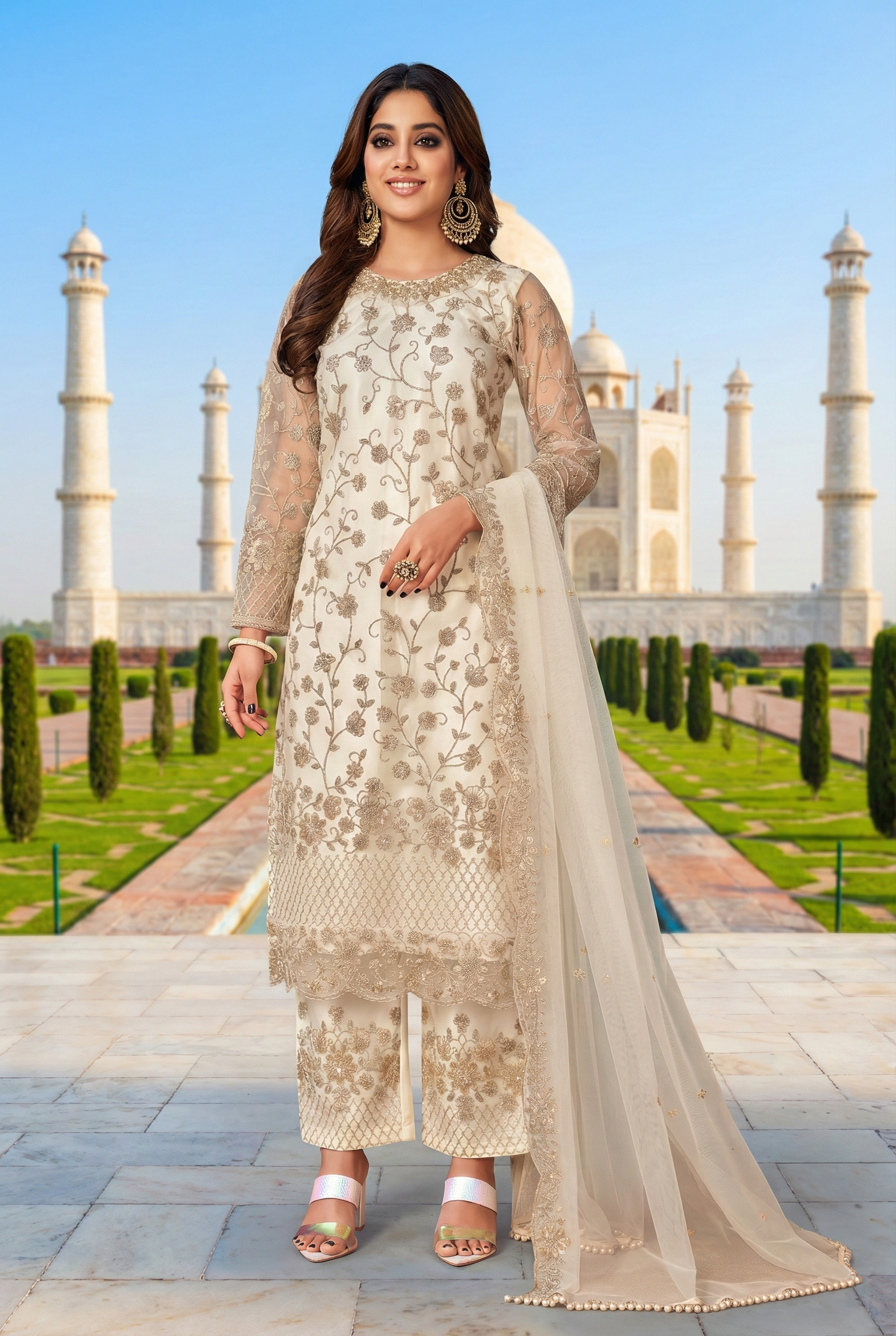 Off White Embroidered Net Layered Salwar Suit