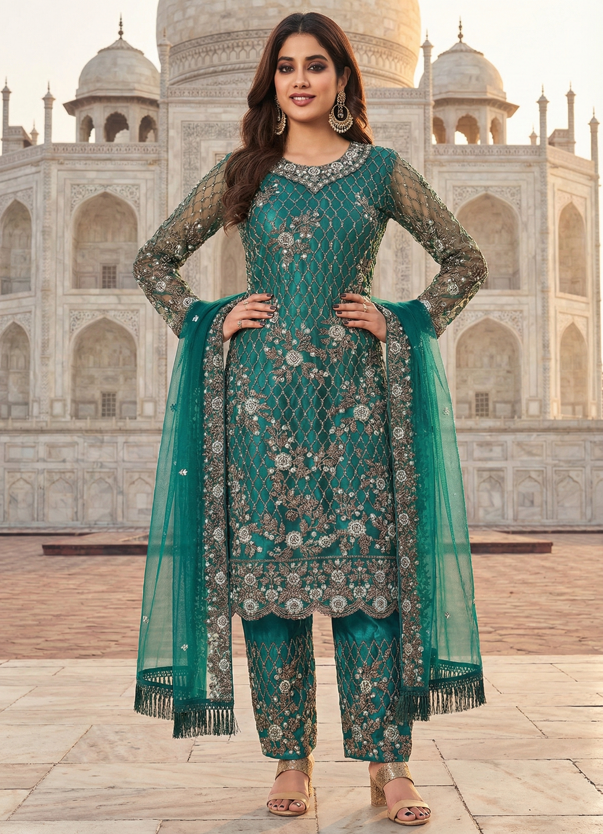 Teal Embroidered Net Indian Salwar Suit