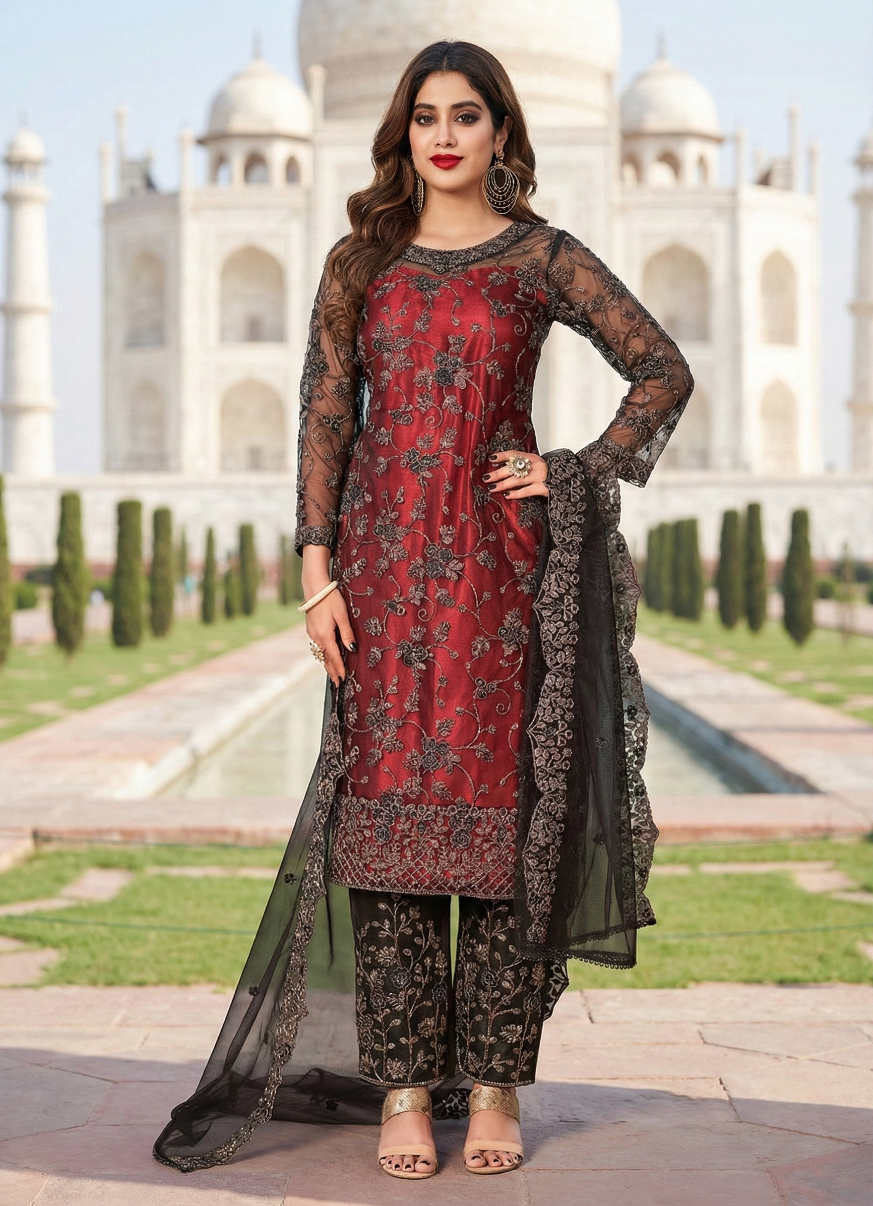 Maroon Embroidered Salwar Kameez In Net