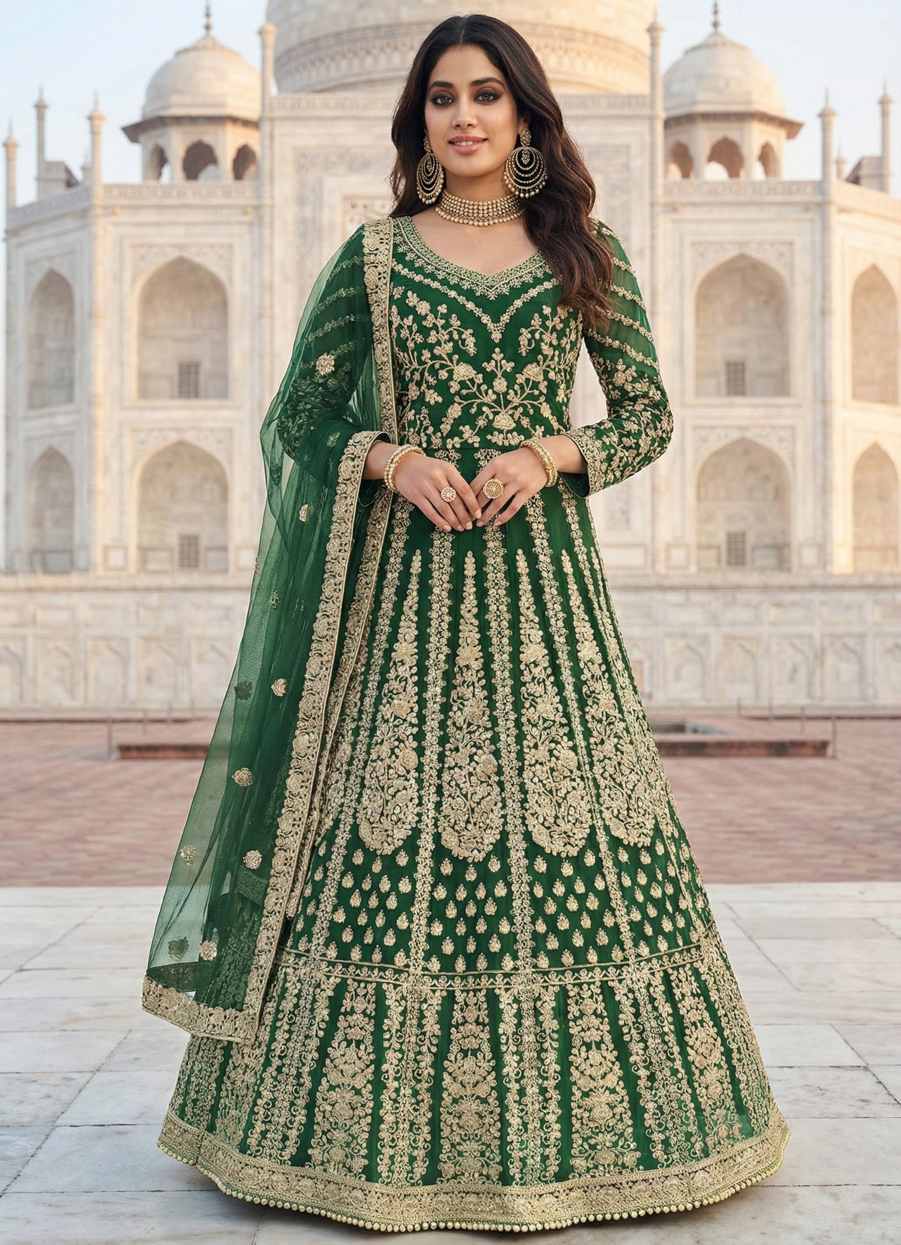 Green Color Net Wedding Ethnic Embroidered Floor Length Suit