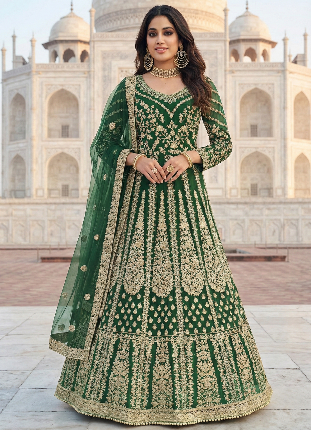 Green Color Net Wedding Ethnic Embroidered Floor Length Suit