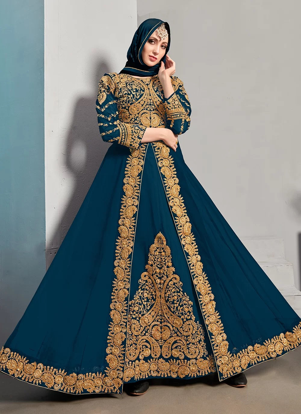 Women's Gold Embroidered Anarkali Gown / Abaya-Style Dress - Semi Stitched