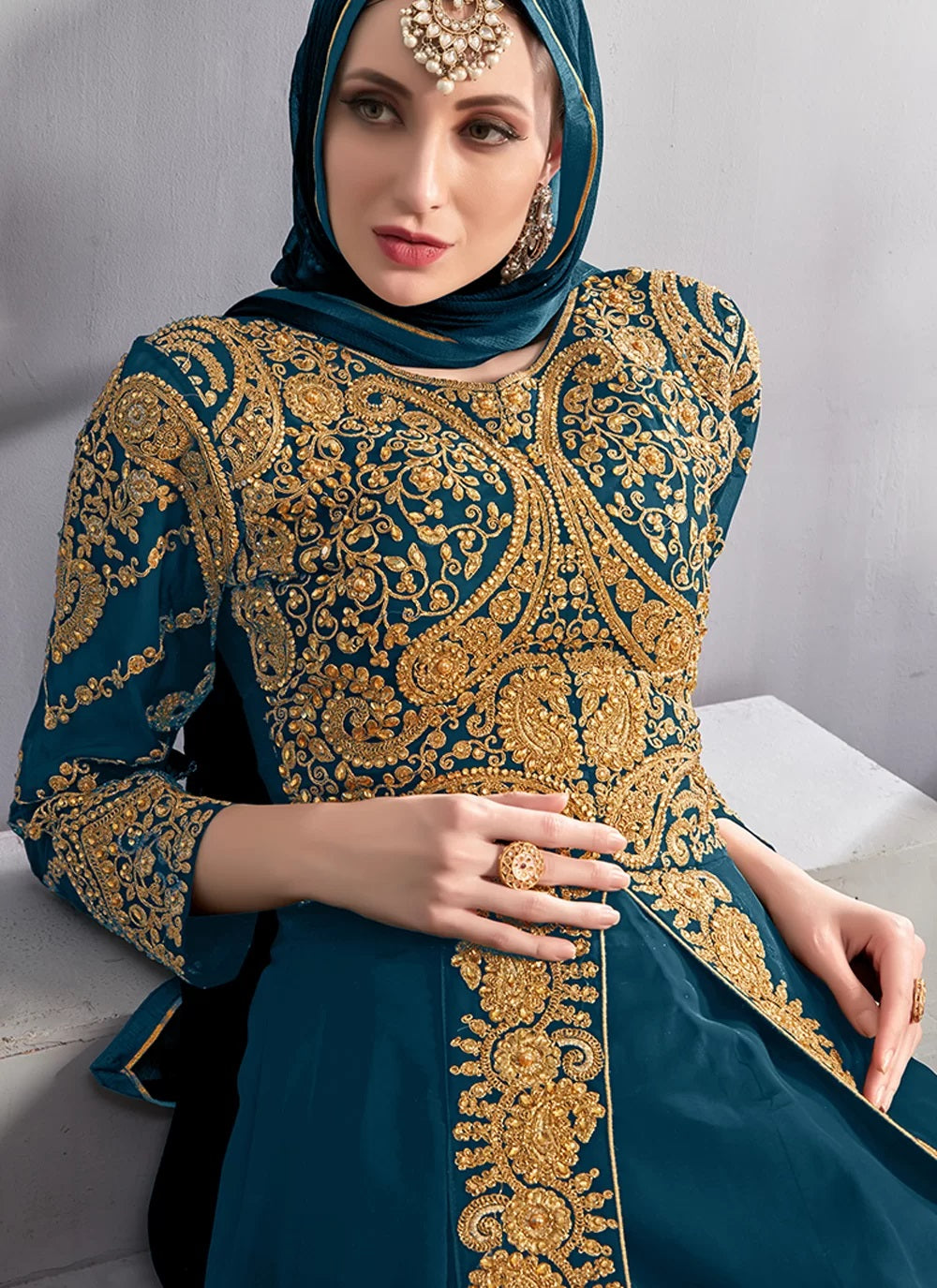 Women's Gold Embroidered Anarkali Gown / Abaya-Style Dress - Semi Stitched