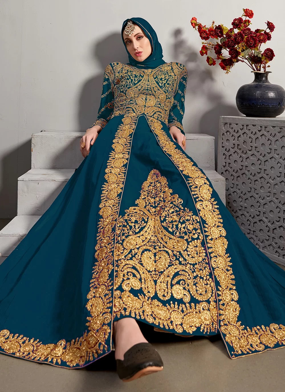 Women's Gold Embroidered Anarkali Gown / Abaya-Style Dress - Semi Stitched