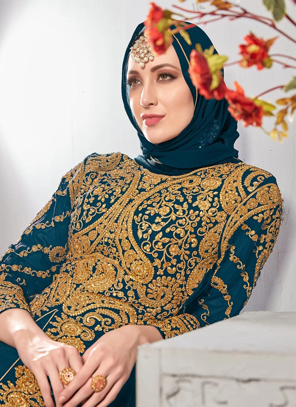 Women's Gold Embroidered Anarkali Gown / Abaya-Style Dress - Semi Stitched