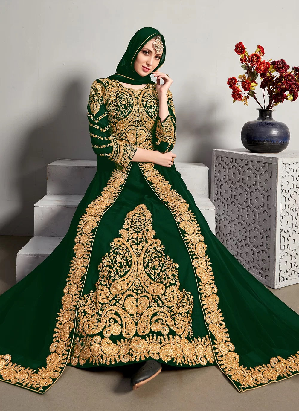 Women's Gold Embroidered Anarkali Gown / Abaya-Style Dress - Semi Stitched