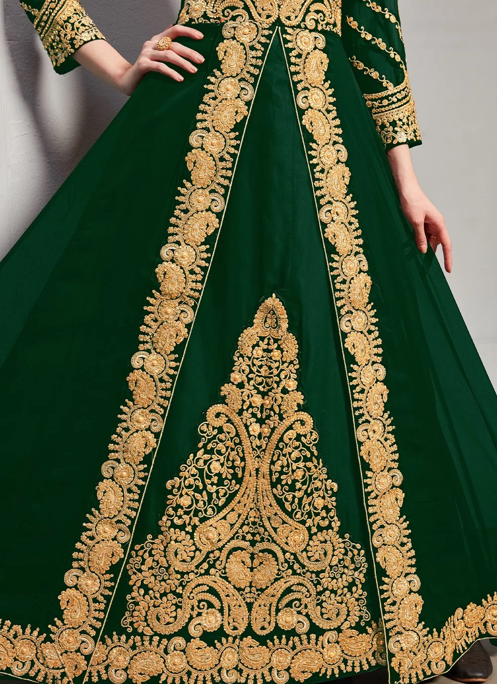 Women's Gold Embroidered Anarkali Gown / Abaya-Style Dress - Semi Stitched