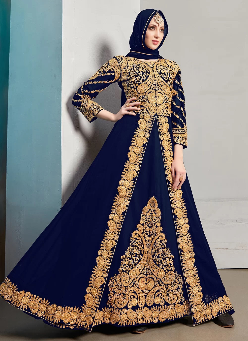 Women's Gold Embroidered Anarkali Gown / Abaya-Style Dress - Semi Stitched