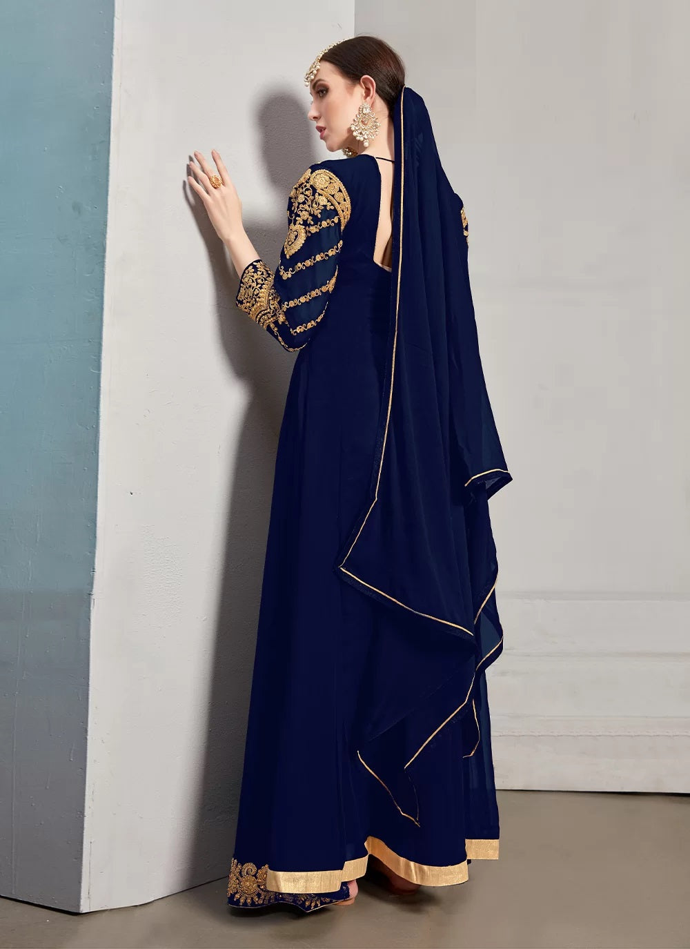 Women's Gold Embroidered Anarkali Gown / Abaya-Style Dress - Semi Stitched