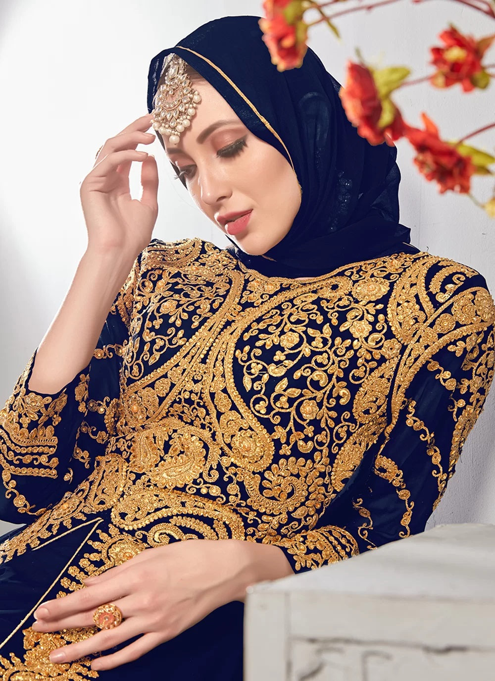 Women's Gold Embroidered Anarkali Gown / Abaya-Style Dress - Semi Stitched