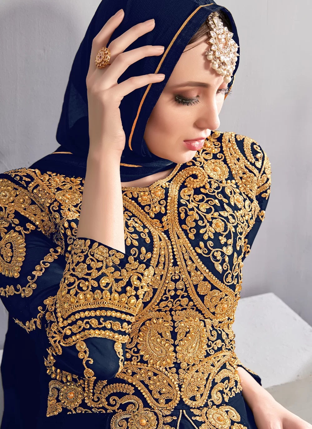 Women's Gold Embroidered Anarkali Gown / Abaya-Style Dress - Semi Stitched