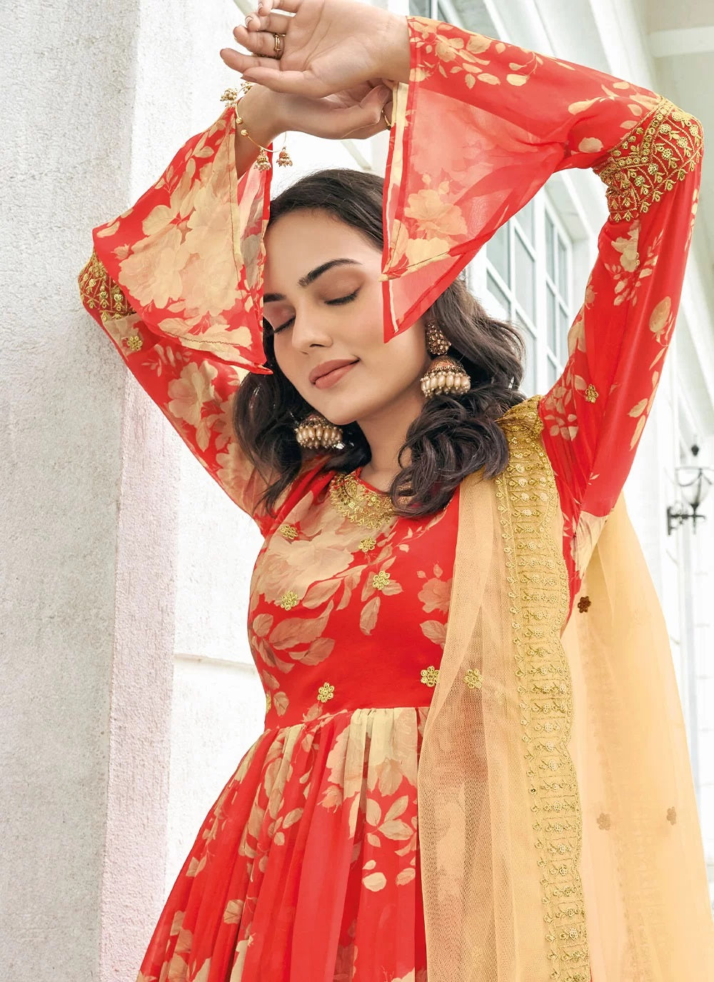 Women's Printed Peplum Style Anarkali Kurta - Stitched/Unstitched