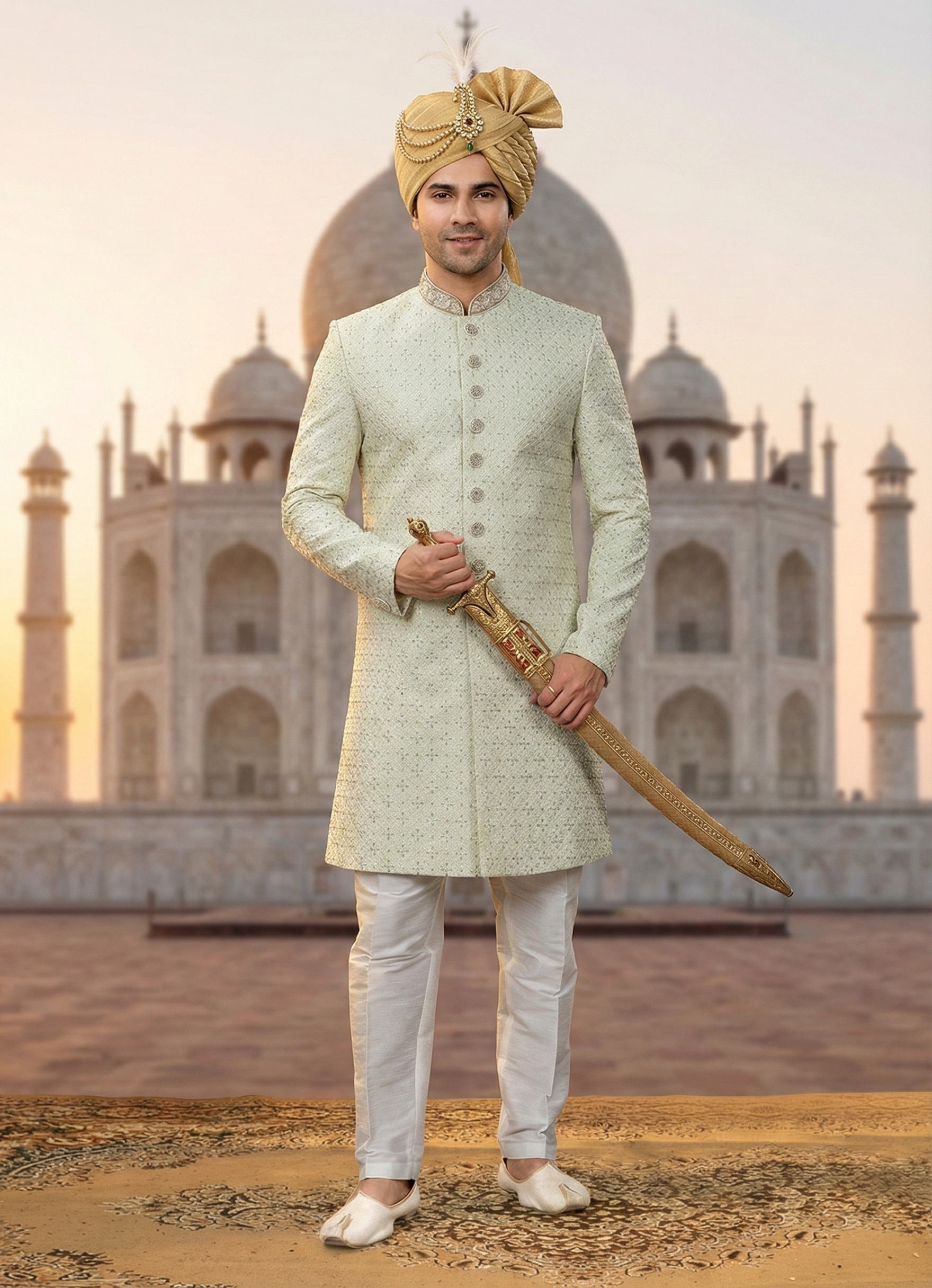 Exquisite Mens Art Silk Lucknowi Indo Western with Diamond and Hand Work