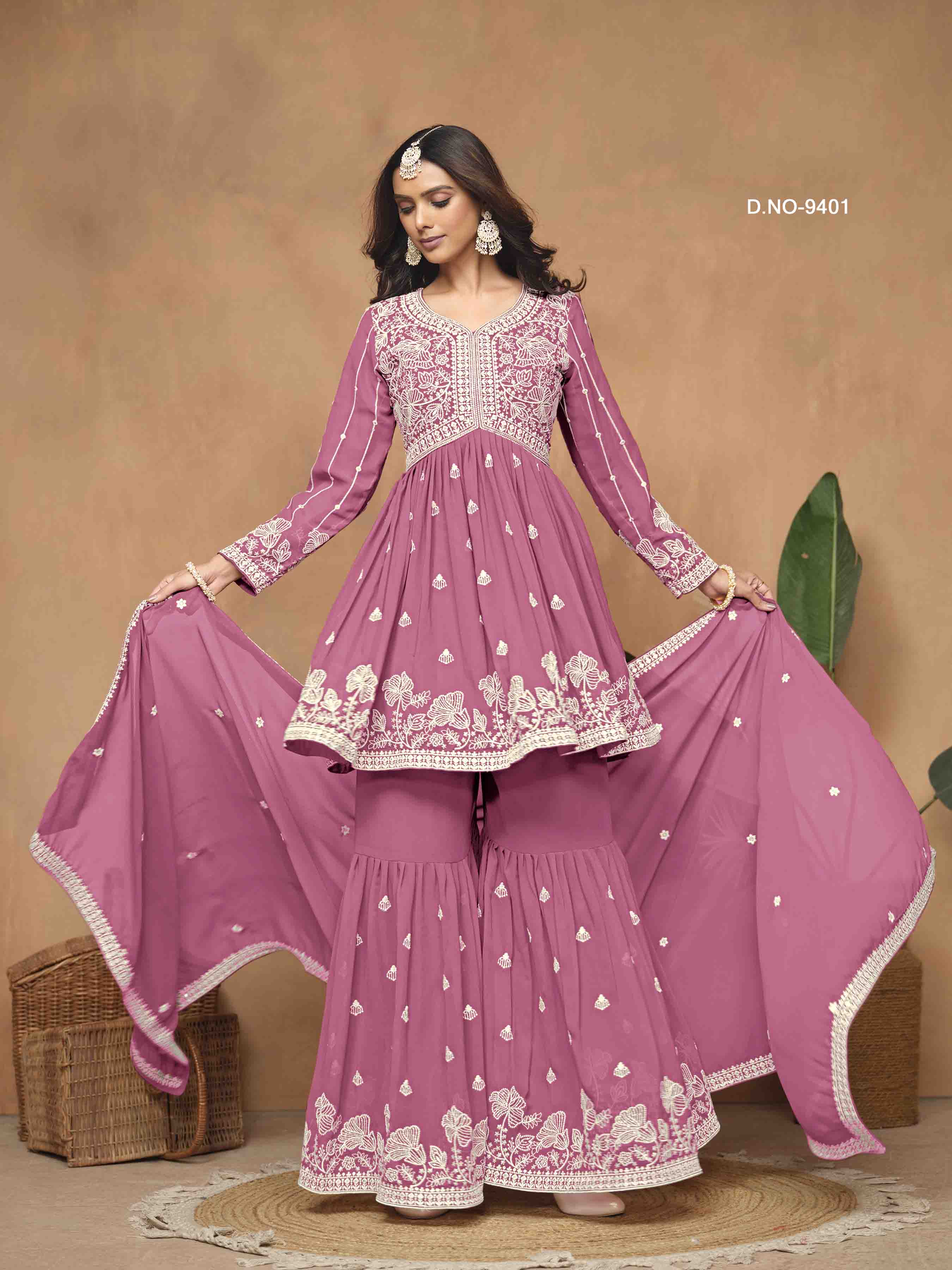 Women's Peplum Sharara Suit - Semi Stitched