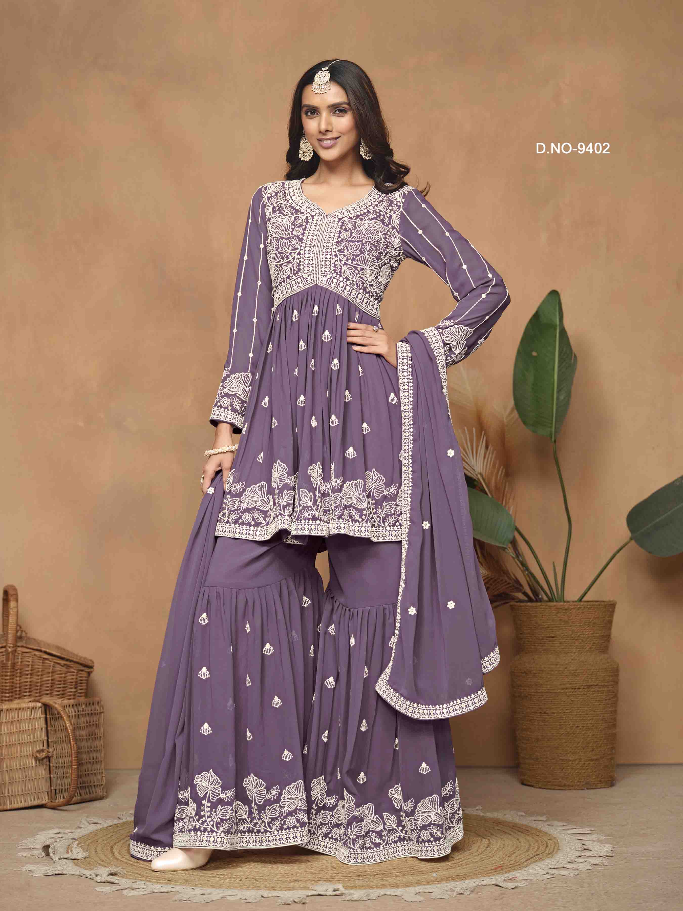 Women's Peplum Sharara Suit - Semi Stitched