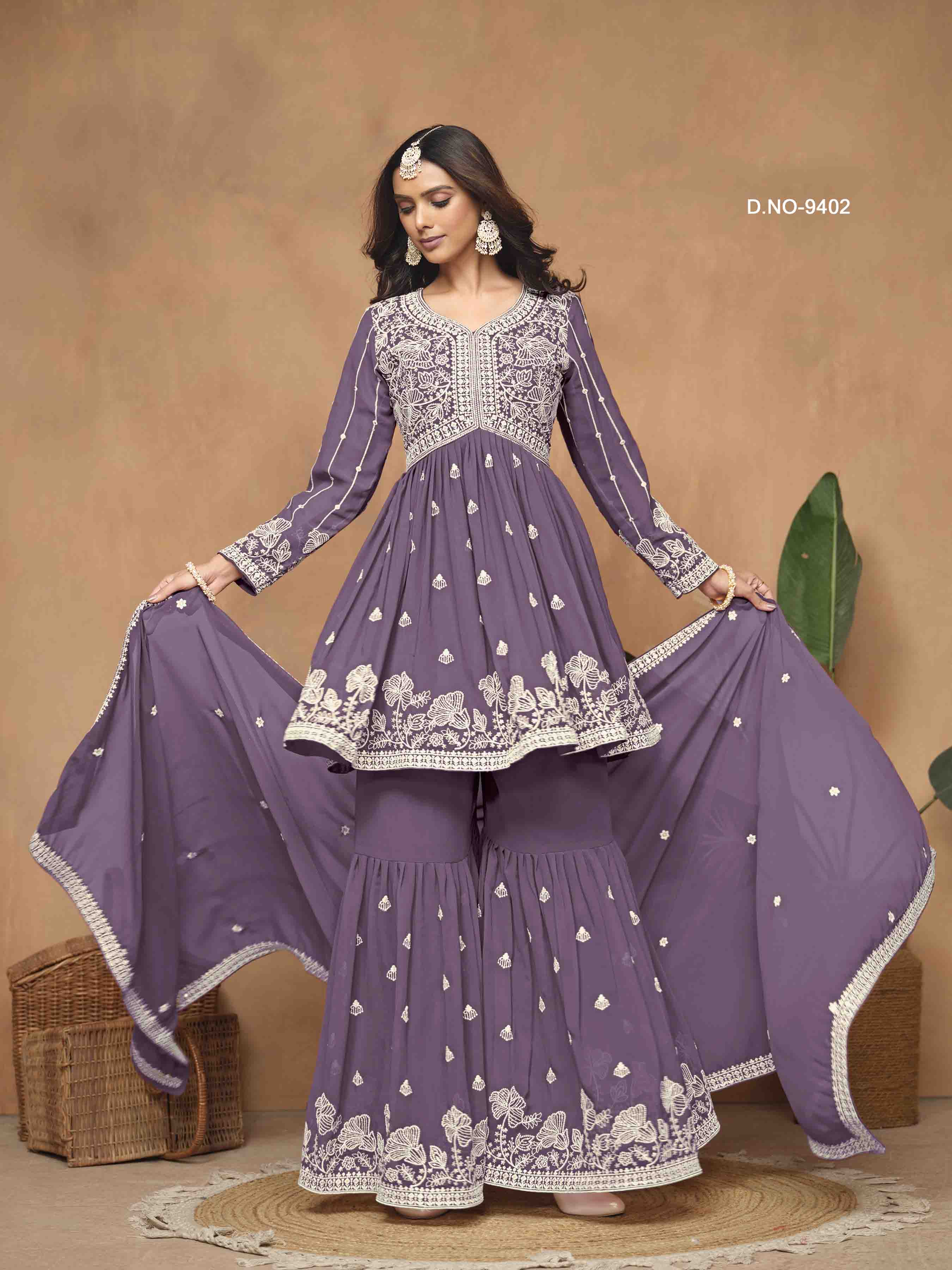 Women's Peplum Sharara Suit - Semi Stitched