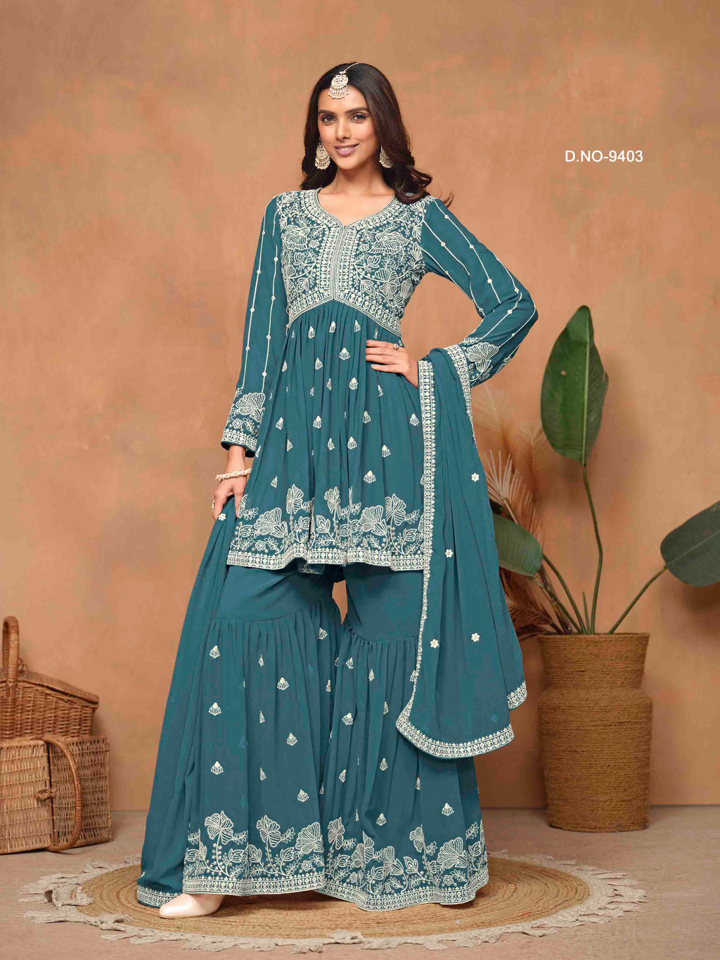 Women's Peplum Sharara Suit - Semi Stitched