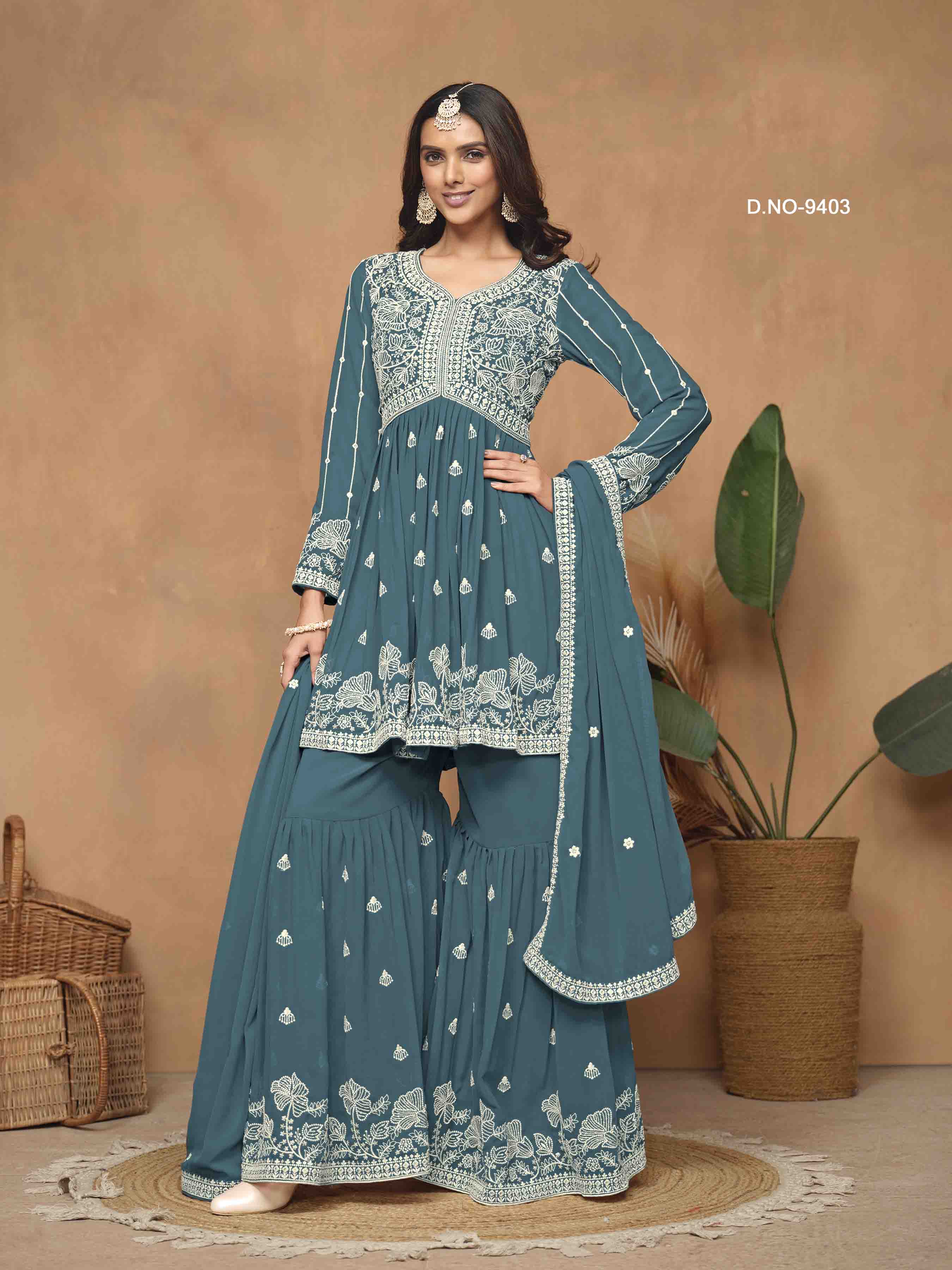 Women's Peplum Sharara Suit - Semi Stitched