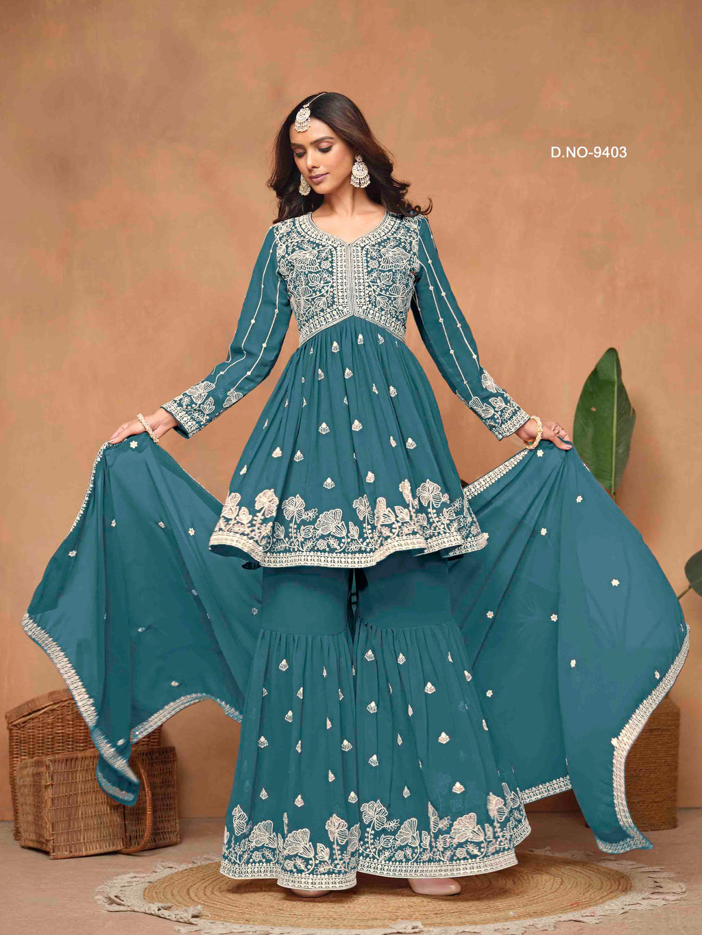 Women's Peplum Sharara Suit - Semi Stitched