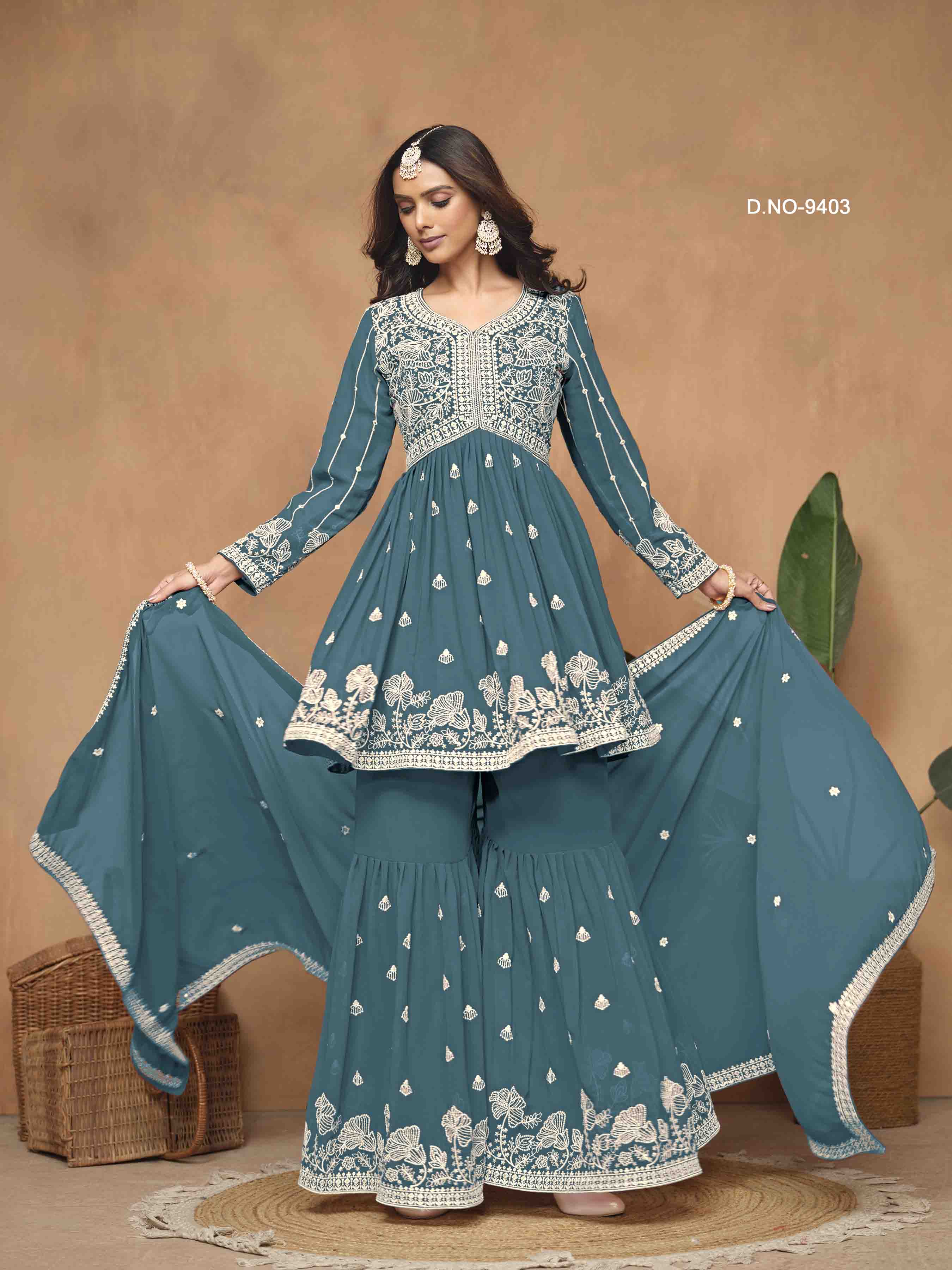 Women's Peplum Sharara Suit - Semi Stitched