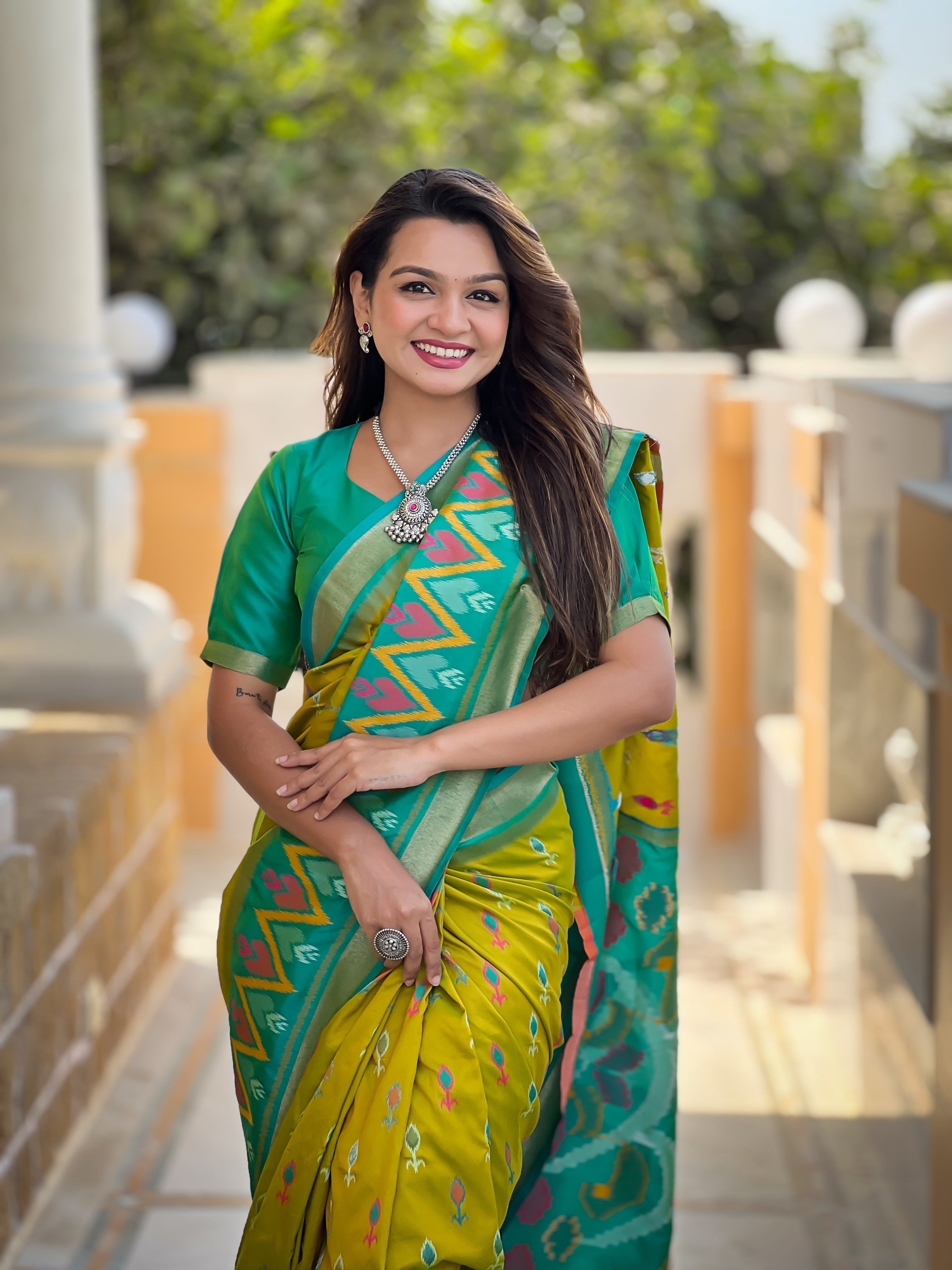 Stunning Bright Ikat Style Silk Saree