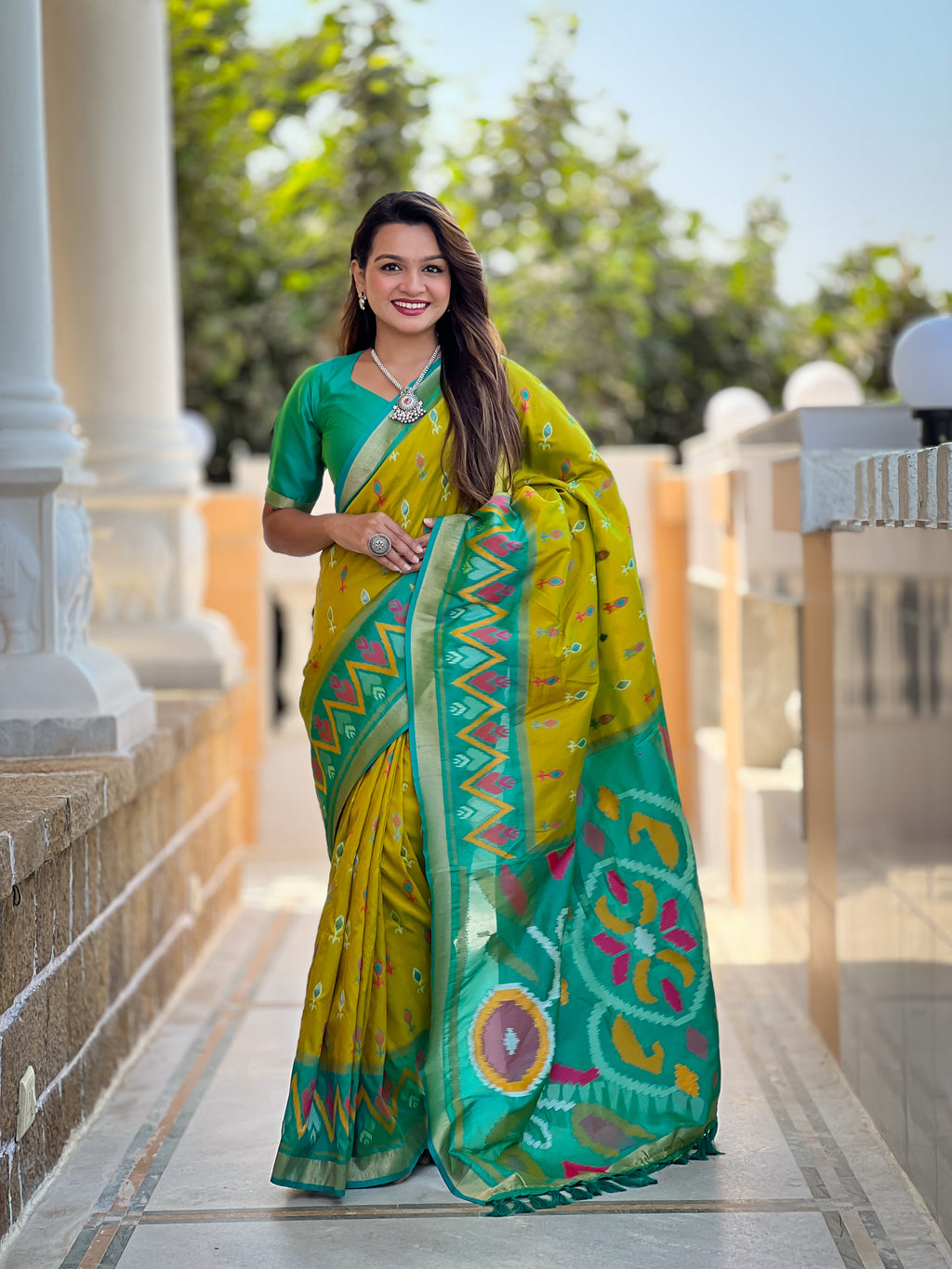 Stunning Bright Ikat Style Silk Saree